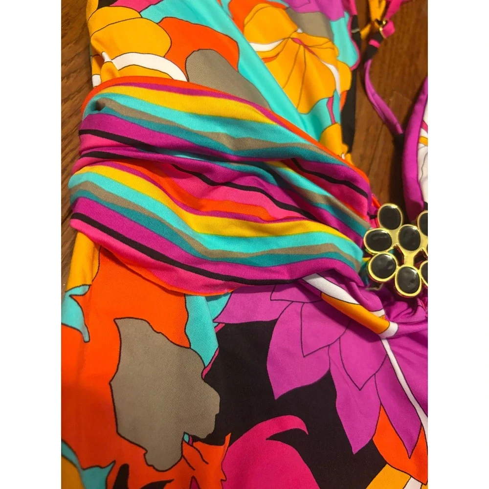 Trina Turk Gemini Plunge One Piece‎ Swimsuit Multicolor Black Hardware NWT 14